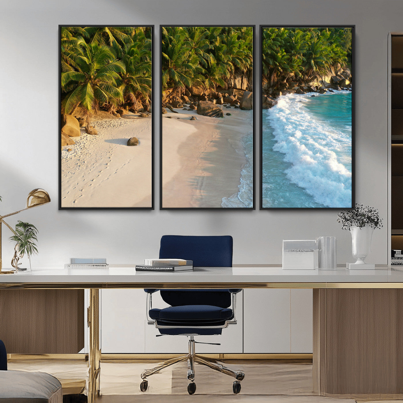 82312665-MGV-CV-36X24-Tropical Beach Wall Art Canvas Print, Framed Ocean Waves Art Picture Print, Palm Trees Perfect Coastal Minimalist Decor Artwork