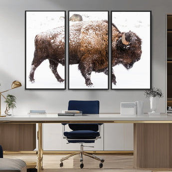 94261165-MGV-CV-36X24-Snowy Buffalo Wall Art Canvas Print, Framed Wildlife Photography Art Picture Print, Brown Tones Perfect Rustic Lodge Decor Decor