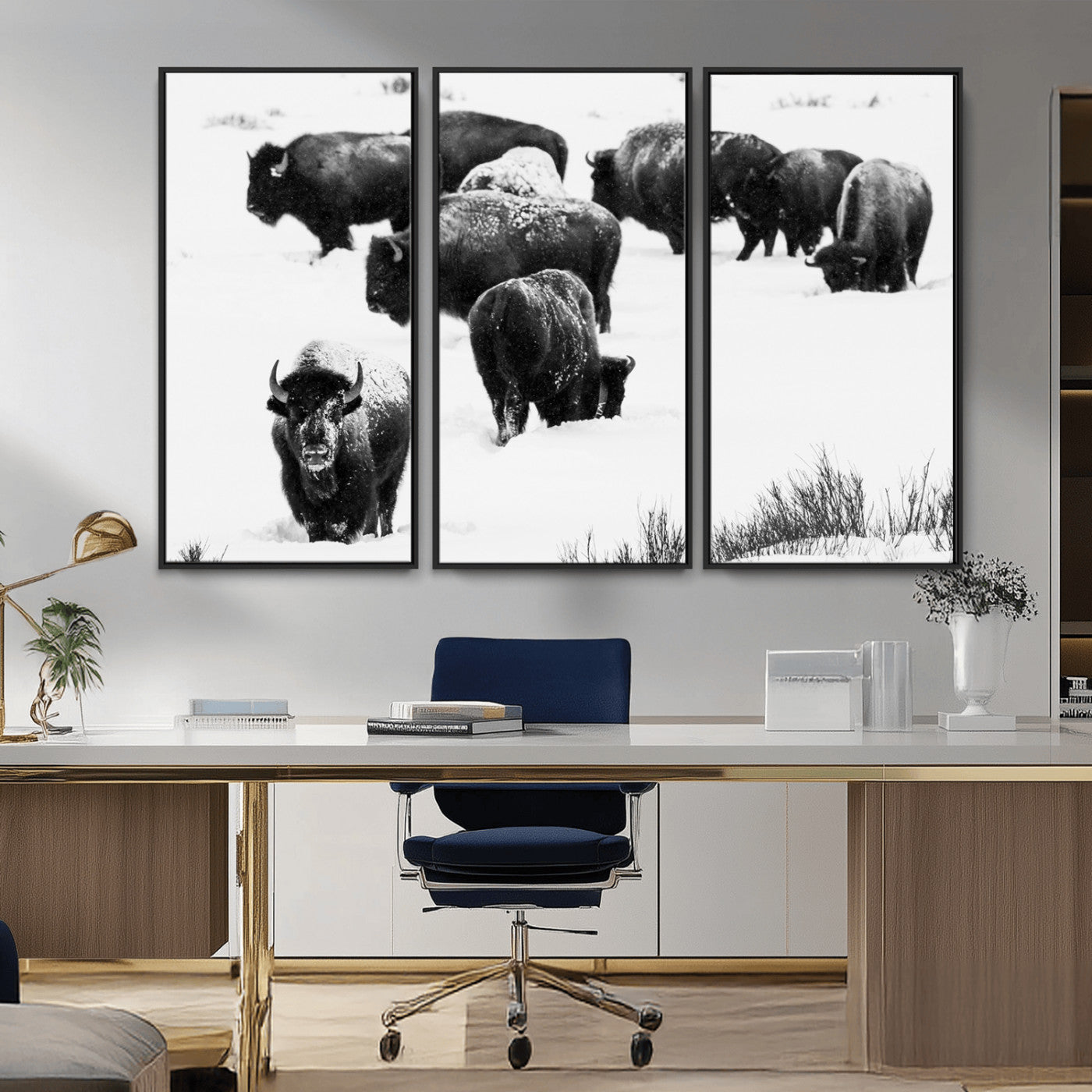18914414-MGV-CV-36X24-Buffalo Herd Wall Art Canvas Print, Framed Black and White Art Picture Print, Snowy Landscape Perfect Rustic Lodge Decor Decor