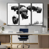 18914414-MGV-CV-36X24-Buffalo Herd Wall Art Canvas Print, Framed Black and White Art Picture Print, Snowy Landscape Perfect Rustic Lodge Decor Decor