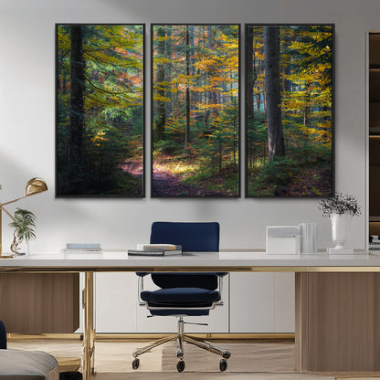 65810864-MGV-FC-48X32-3P_Black-Autumn Forest Wall Art Canvas Print, Framed Fall Woodland Art Picture Print, Golden Leaves Perfect Rustic Farmhouse Decor Artwork