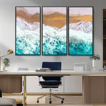 26870666-MGV-CV-36X24-Aerial Beach Wall Art Canvas Print, Framed Ocean Waves Art Picture Print, Coastal Landscape Perfect Coastal Minimalist Decor