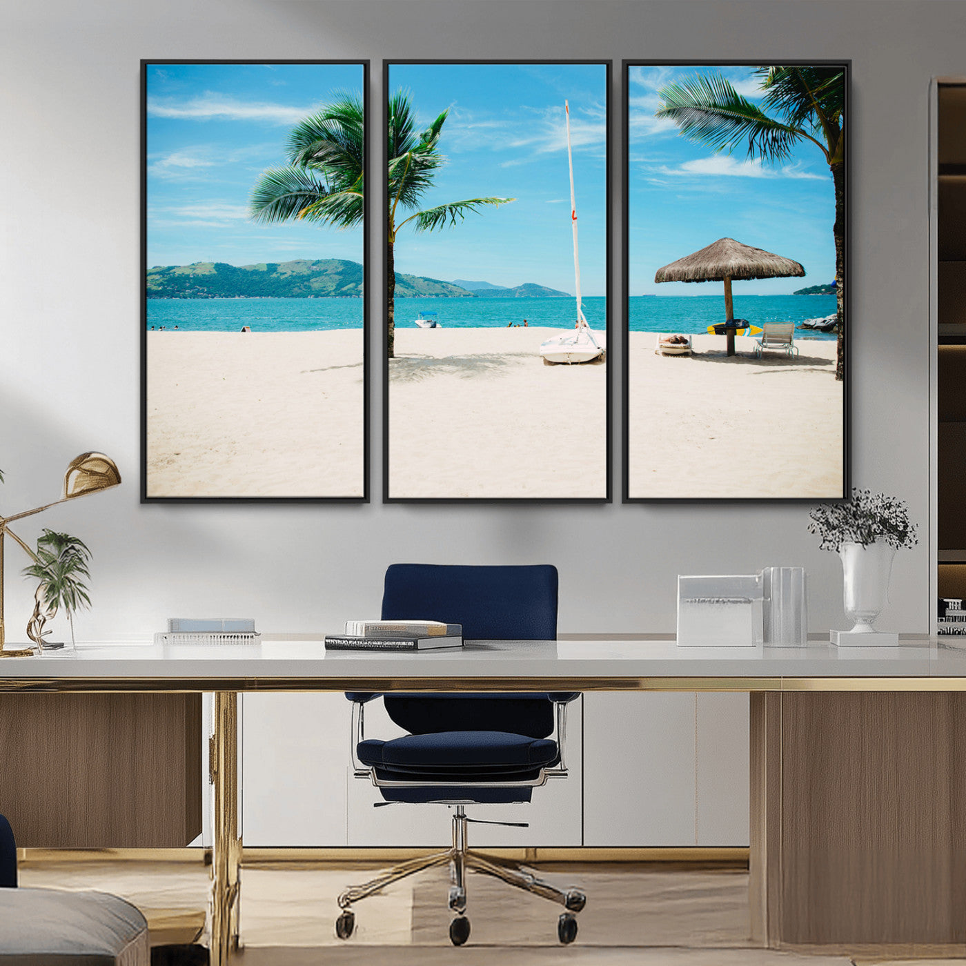 42623350-MGV-CV-36X24-Tropical Beach Wall Art Canvas Print, Framed Palm Tree Art Picture Print, Ocean View Perfect Tropical Coastal Decor Artwork