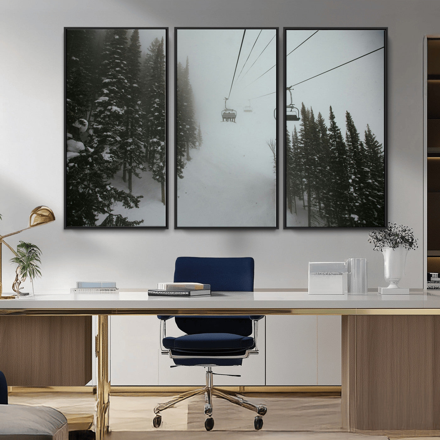 87018452-MGV-CV-36X24-Ski Lift Wall Art Canvas Print, Framed Snowy Pines Art Picture Print, Misty Landscape Perfect Winter Serenity Decor Artwork