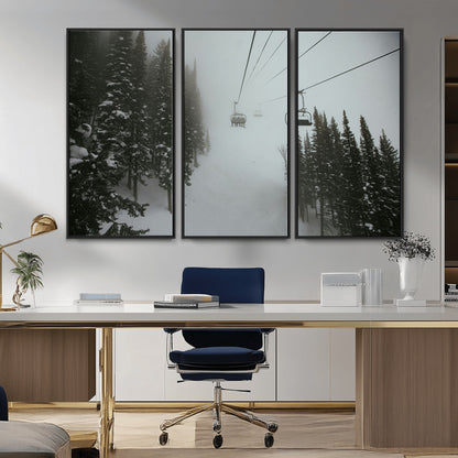 87018452-MGV-CV-36X24-Ski Lift Wall Art Canvas Print, Framed Snowy Pines Art Picture Print, Misty Landscape Perfect Winter Serenity Decor Artwork