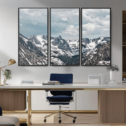 94074619-MGV-FC-48X32-3P_Black-Snowy Peaks Wall Art Canvas Print, Framed Alpine Wilderness Art Picture Print, Mountain Escape Perfect Winter Serenity Decor