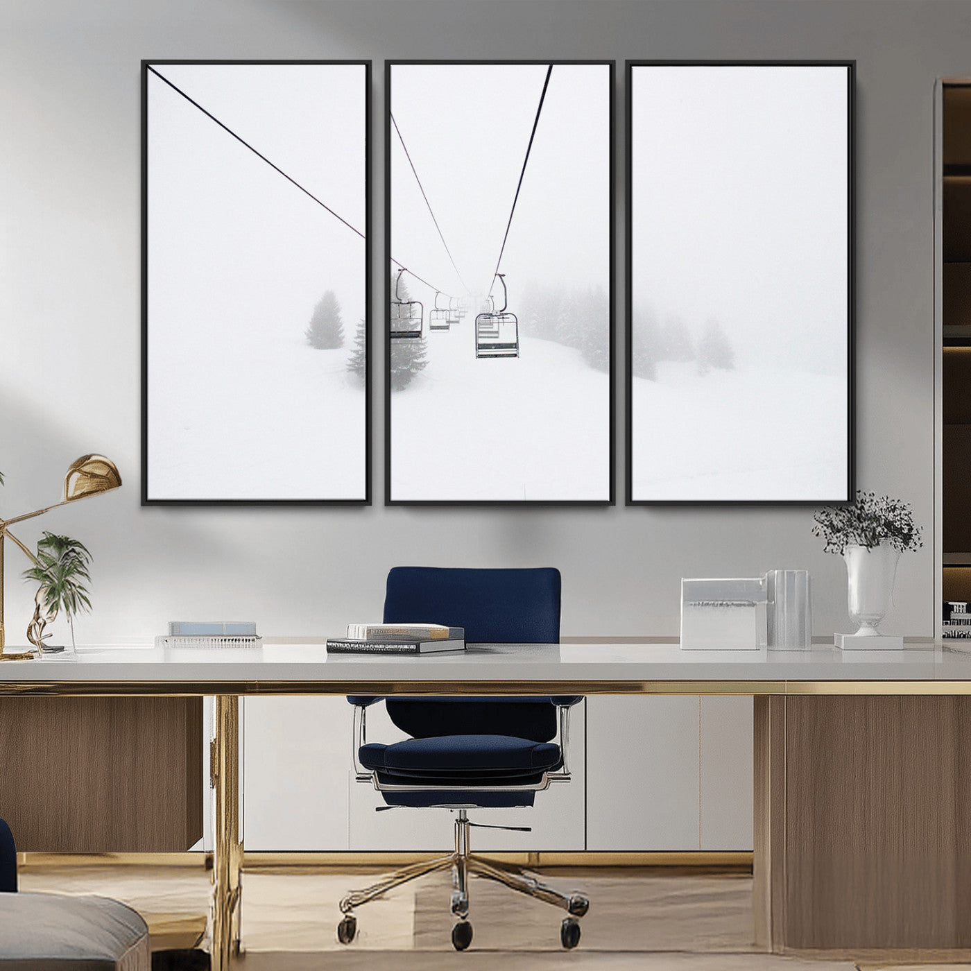 20216390-MGV-FC-48X32-3P_Black-Ski Lift Wall Art Canvas Print, Framed Snowy Landscape Art Picture Print, Alpine Adventure Perfect Nordic Minimalist Decor Artwork