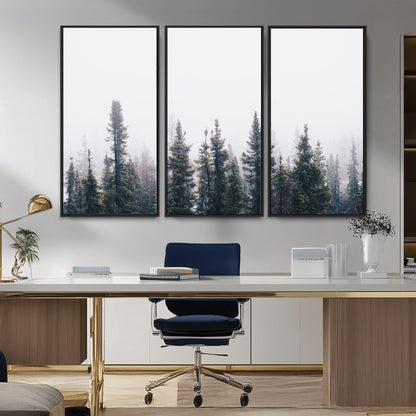 42364796-MGV-FC-48X32-3P_Black-Foggy Forest Wall Art Canvas Print, Framed Misty Pines Art Picture Print, Moody Woodland Perfect Scandinavian Minimalist Decor