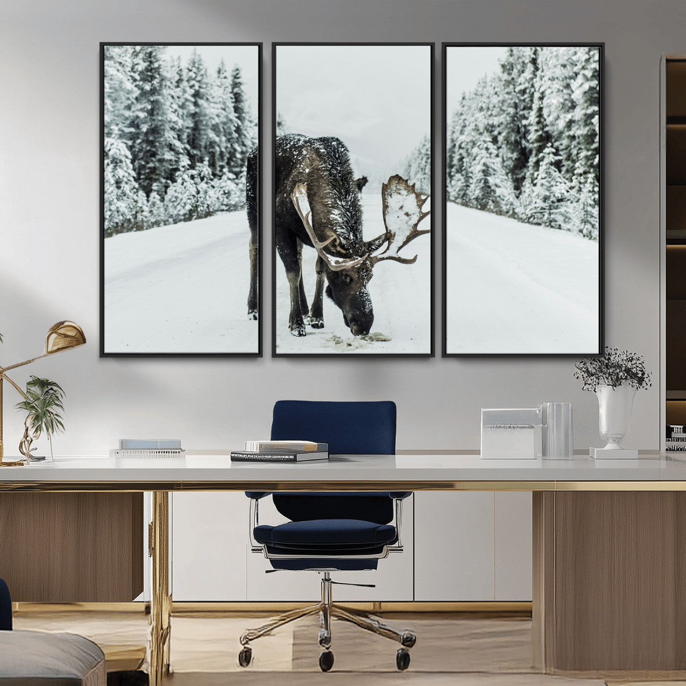 13316292-MGV-FC-48X32-3P_Black-Moose in Snow Wall Art Canvas Print, Framed Winter Wildlife Art Picture Print, Snowy Forest Scene Perfect Rustic Lodge Decor