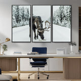 13316292-MGV-FC-48X32-3P_Black-Moose in Snow Wall Art Canvas Print, Framed Winter Wildlife Art Picture Print, Snowy Forest Scene Perfect Rustic Lodge Decor