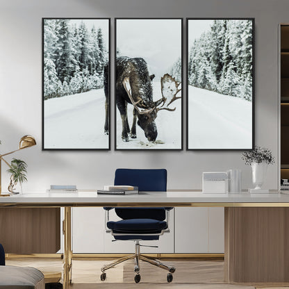 13316292-MGV-FC-48X32-3P_Black-Moose in Snow Wall Art Canvas Print, Framed Winter Wildlife Art Picture Print, Snowy Forest Scene Perfect Rustic Lodge Decor