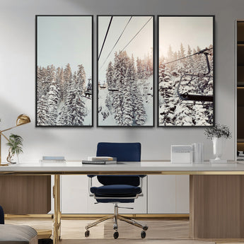91534512-MGV-FC-48X32-3P_Black-Frosty Pines Wall Art Canvas Print, Framed Cozy Cabin View Art Picture Print, Ski Lift Ride Perfect Rustic Lodge Decor Artwork