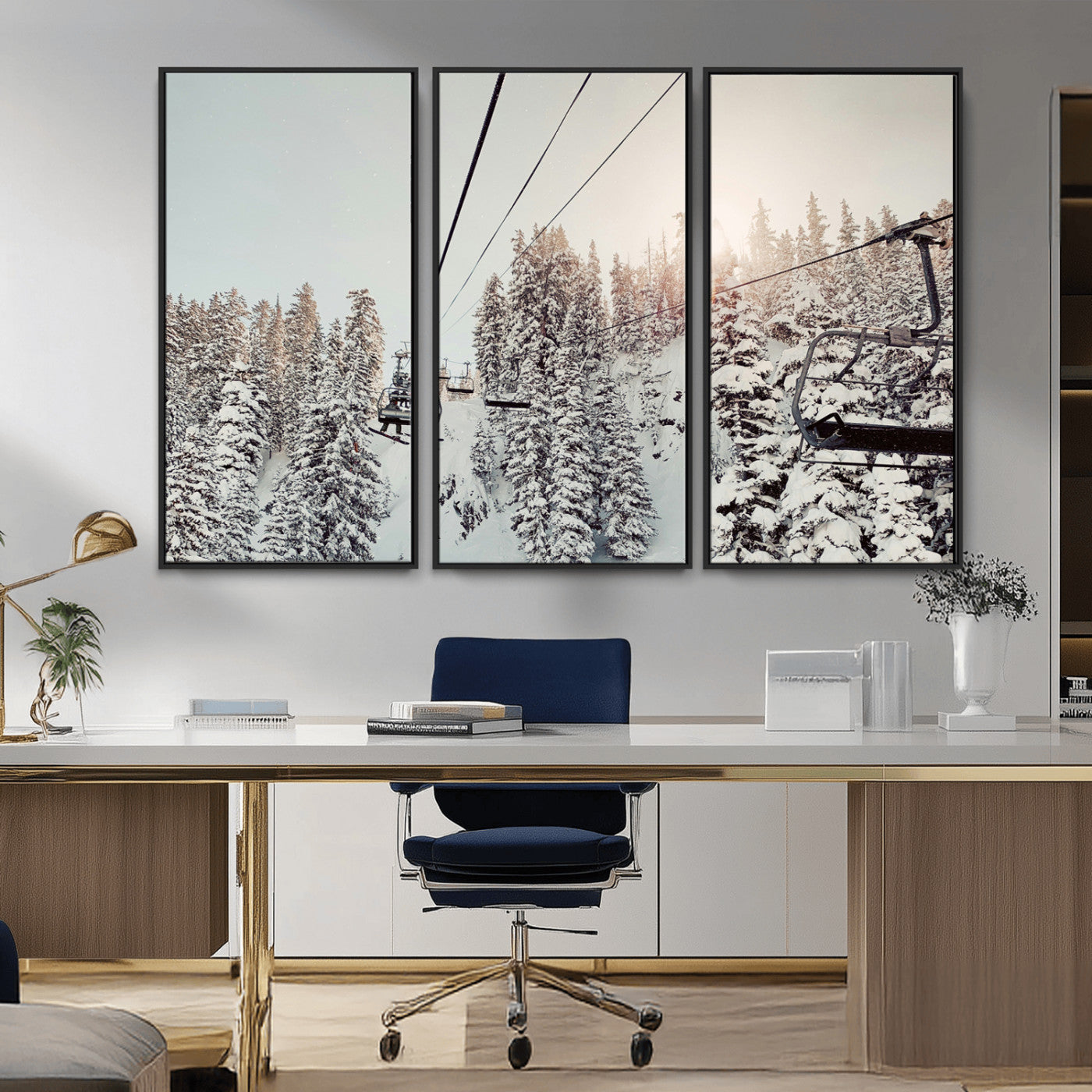 91534512-MGV-CV-36X24-Frosty Pines Wall Art Canvas Print, Framed Cozy Cabin View Art Picture Print, Ski Lift Ride Perfect Rustic Lodge Decor Artwork