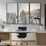 91534512-MGV-CV-36X24-Frosty Pines Wall Art Canvas Print, Framed Cozy Cabin View Art Picture Print, Ski Lift Ride Perfect Rustic Lodge Decor Artwork