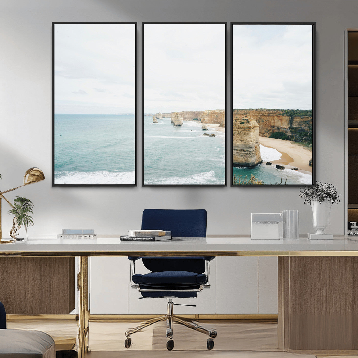 70095633-MGV-FC-48X32-3P_Black-Twelve Apostles Wall Art Canvas Print, Framed Coastal Cliffs Art Picture Print, Rugged Rock Formations Perfect Minimalist Coastal