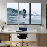 11693607-MGV-FC-48X32-3P_Black-Surfer on Wave Wall Art Canvas Print, Framed Ocean Adventure Art Picture Print, Motion Blur Water Perfect Coastal Adventure Decor