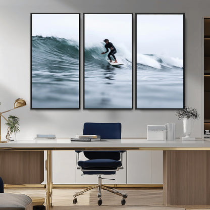 11693607-MGV-FC-48X32-3P_Black-Surfer on Wave Wall Art Canvas Print, Framed Ocean Adventure Art Picture Print, Motion Blur Water Perfect Coastal Adventure Decor