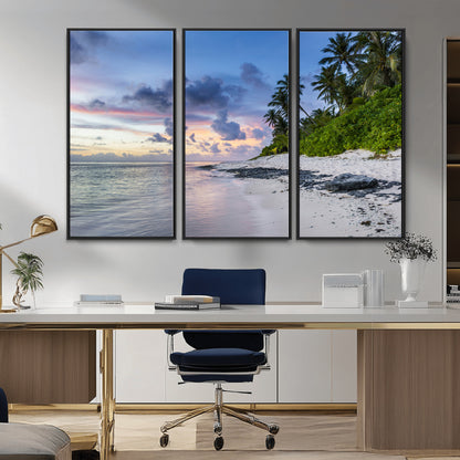 75045485-MGV-FC-48X32-3P_Black-Tropical Beach Wall Art Canvas Print, Framed Sunset Glow Art Picture Print, Palm Tree Coast Perfect Tropical Coastal Decor Artwork