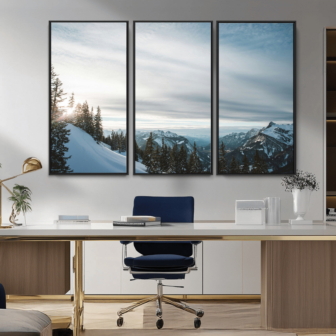 55564749-MGV-FC-48X32-3P_Black-Snowy Mountains Wall Art Canvas Print, Framed Alpine Landscape Art Picture Print, Frosty Peaks Perfect Nordic Minimalist Decor
