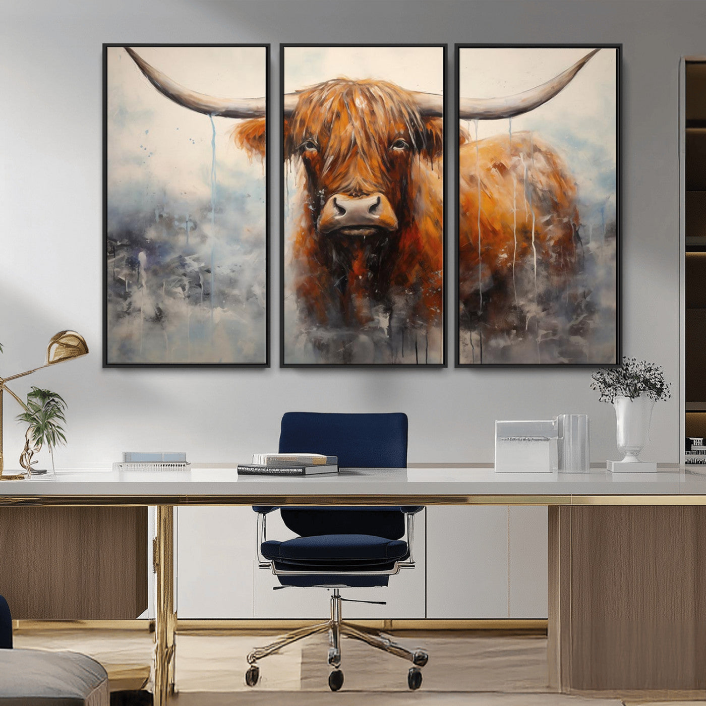 X61001-MGV-CV-36X24-Scottish Highland Wall Art Canvas Print, Framed Longhorn Art Picture Print, Western Cow Perfect Farmhouse Decor Artwork