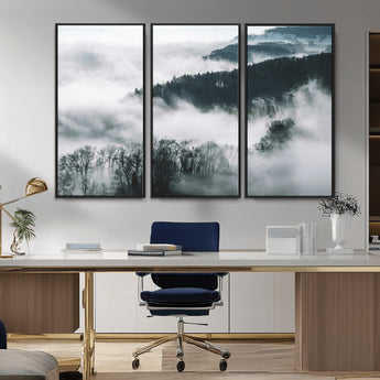 67569654-MGV-CV-36X24-Foggy Forest Wall Art – Mist Covered Hills and Trees Landscape Canvas Print, Moody Nature Photography Decor for Living Room,