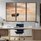 20306324-MGV-CV-36X24-Bison Wall Art – Lone American Buffalo Prairie Sunset Canvas Print, Rustic Western Wildlife Photography Decor for Living Room,
