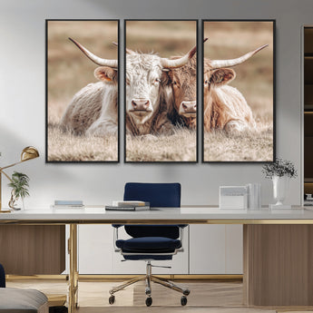 38651722-MGV-CV-36X24-Cow Wall Art – Rustic Longhorn Pair Canvas Print, Western Farmhouse Animal Painting, Country Ranch Decor for Living Room, Bedroom,