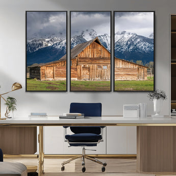 15173627-MGV-CV-36X24-Barn Wall Art – Rustic Wooden Cabin Canvas Print with Snowy Mountain Landscape, Western Farmhouse Country Decor for Living Room,