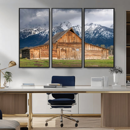 15173627-MGV-CV-36X24-Barn Wall Art – Rustic Wooden Cabin Canvas Print with Snowy Mountain Landscape, Western Farmhouse Country Decor for Living Room,