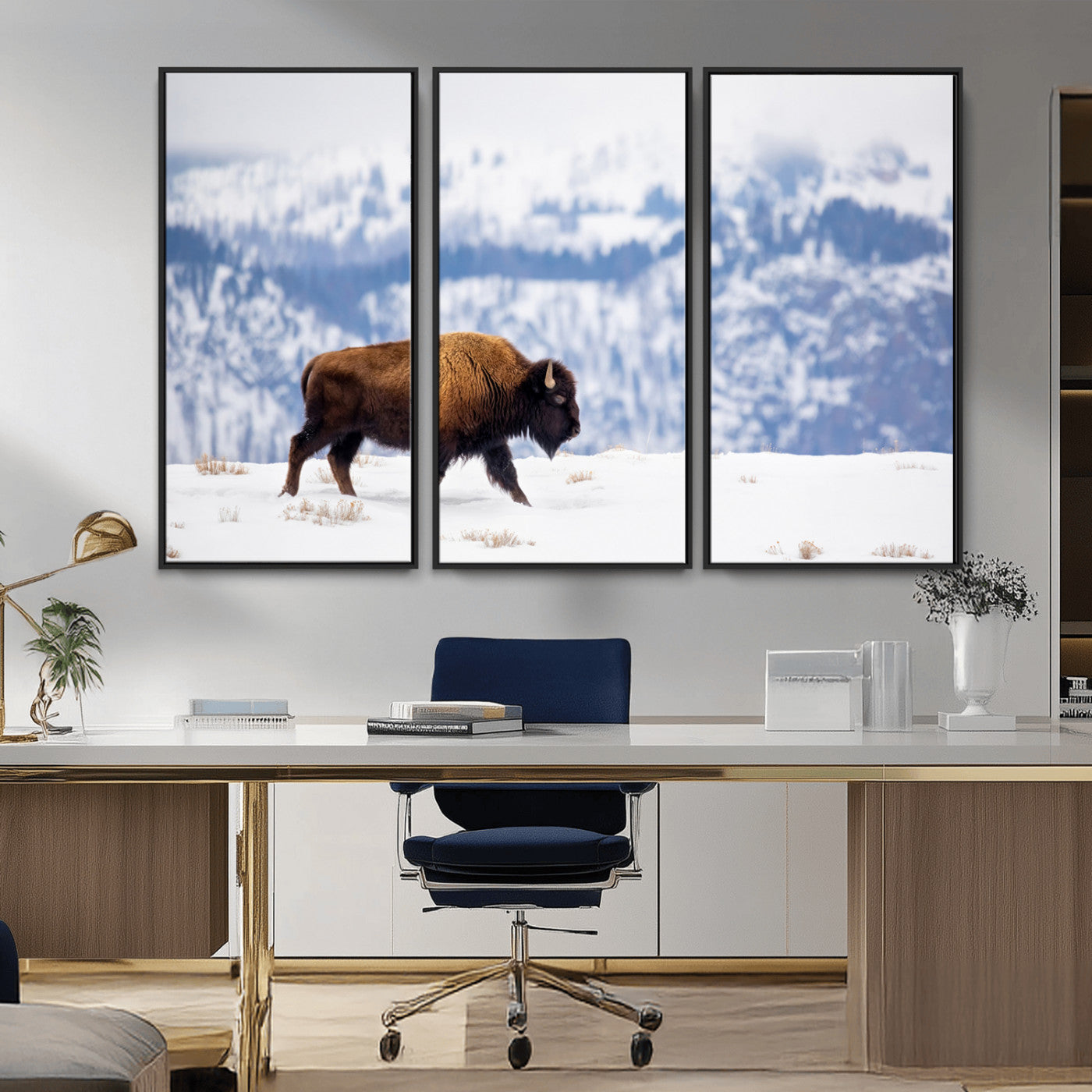 21623194-MGV-CV-36X24-Snow Bison Wall Art – Majestic Buffalo Wildlife Canvas Print, Winter Nature Décor for Rustic Living Room, Farmhouse, Cabin, Lodge