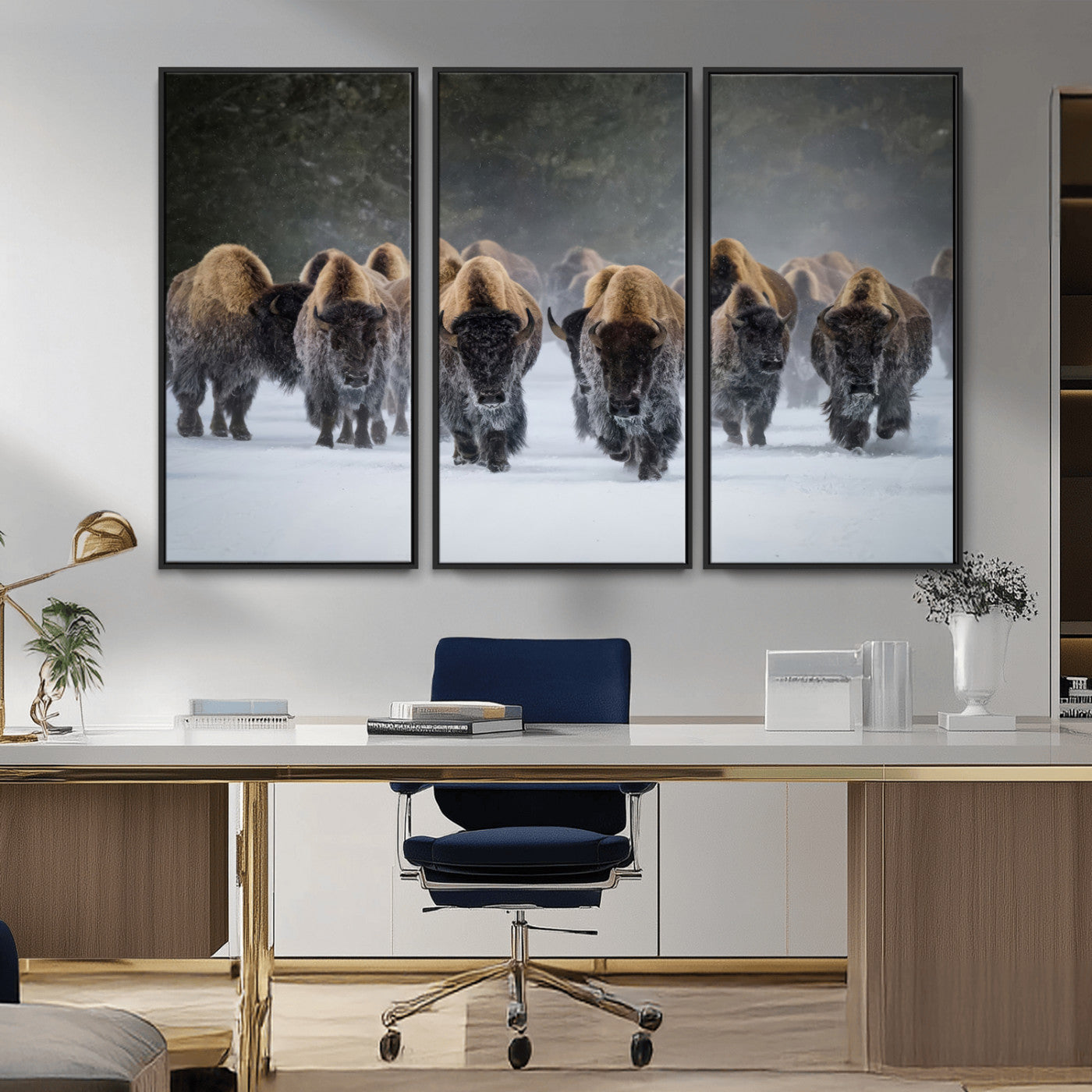 30332489-MGV-CV-36X24-Winter Bison Herd Wall Art – Powerful Buffalo Canvas Print, Rustic Wildlife Photography Decor for Farmhouse, Cabin, Lodge, Living