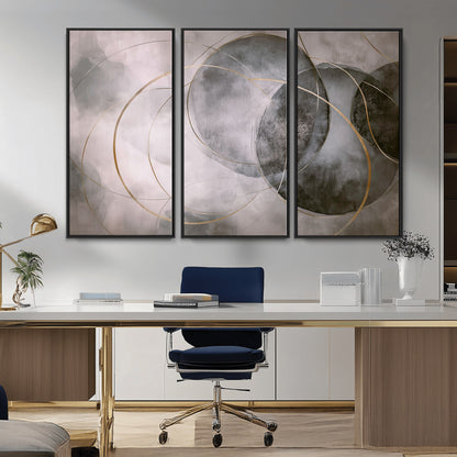 20066876-MGV-CV-36X24-Neutral Abstract Circle Wall Art – Modern Gray Beige Gold Canvas Print, Minimalist Geometric Painting for Bedroom, Living Room,