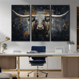 93195031-MGV-CV-36X24-Dark Longhorn Bull Wall Art – Western Steer Canvas Print, Moody Rustic Animal Painting for Man Cave, Ranch House, Office or Modern