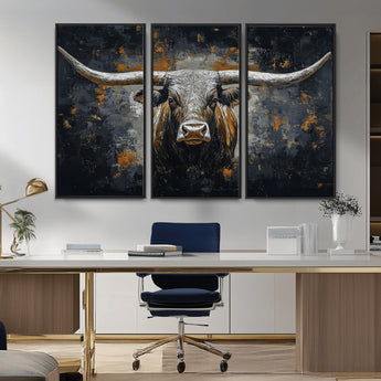 93195031-MGV-CV-36X24-Dark Longhorn Bull Wall Art – Western Steer Canvas Print, Moody Rustic Animal Painting for Man Cave, Ranch House, Office or Modern