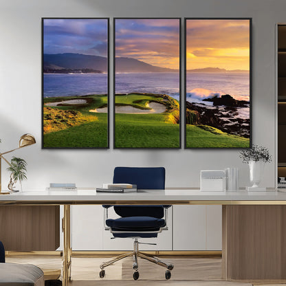 39644075-MGV-CV-36X24-Golf Course Wall Art – Coastal Sunset Canvas Print, Scenic Oceanfront Fairway Landscape Decor for Office, Man Cave, or Living Room