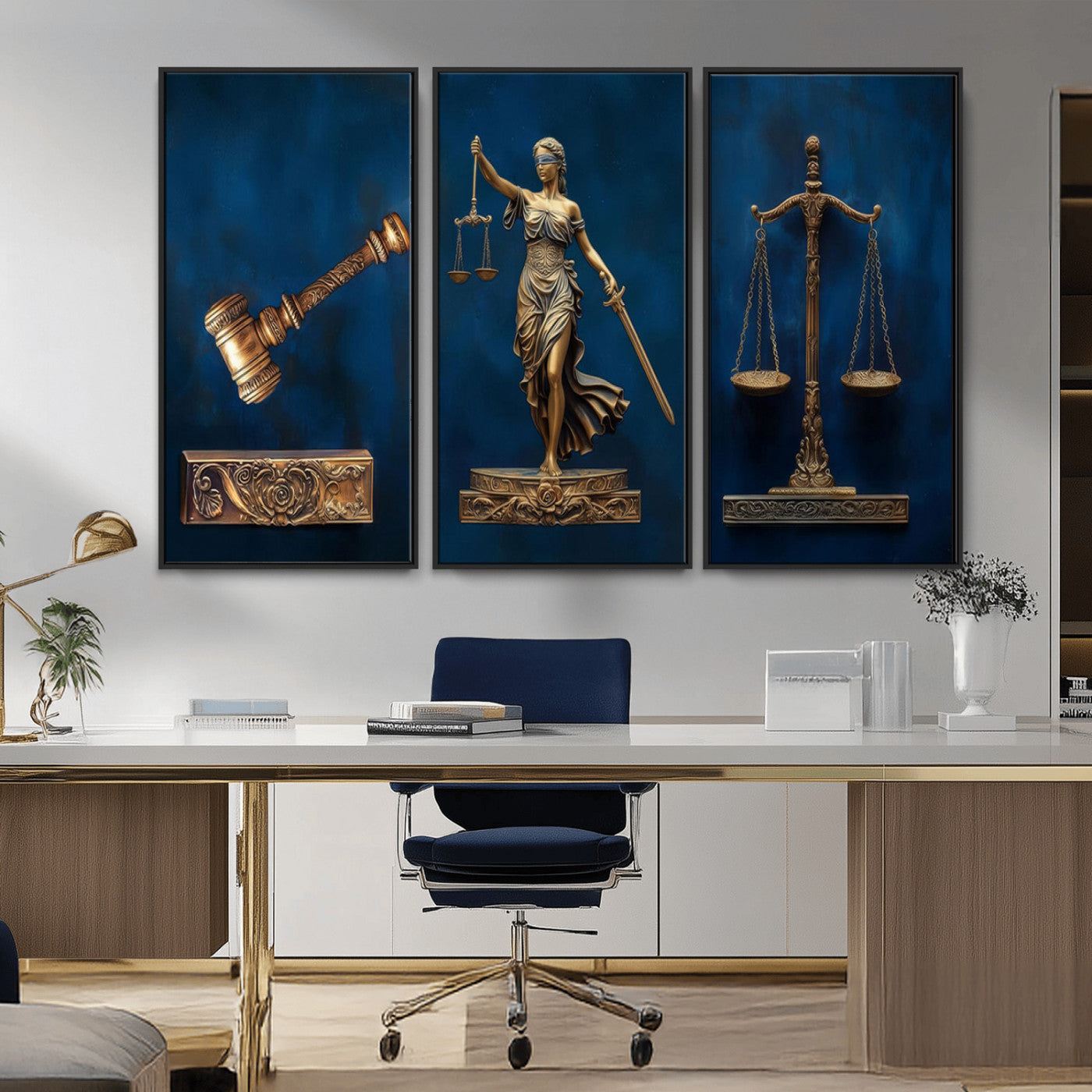 91629053-MGV-CV-36X24-Lady Justice Wall Art – Golden Gavel and Scales Canvas Print, Elegant Legal Office Decor for Lawyers, Judges, Courtroom or Study