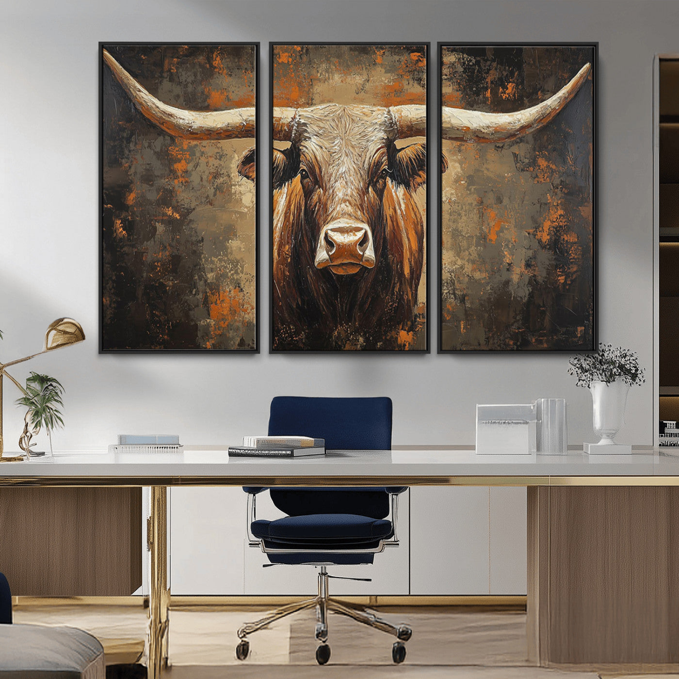 19204445-MGV-CV-36X24-Texas Longhorn Bull Wall Art – Rustic Western Canvas Print, Bold Cowboy Cattle Painting for Ranch House, Farmhouse, Office, or