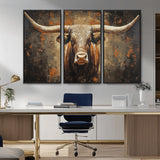 19204445-MGV-CV-36X24-Texas Longhorn Bull Wall Art – Rustic Western Canvas Print, Bold Cowboy Cattle Painting for Ranch House, Farmhouse, Office, or