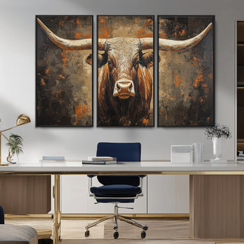 19204445-MGV-CV-36X24-Texas Longhorn Bull Wall Art – Rustic Western Canvas Print, Bold Cowboy Cattle Painting for Ranch House, Farmhouse, Office, or