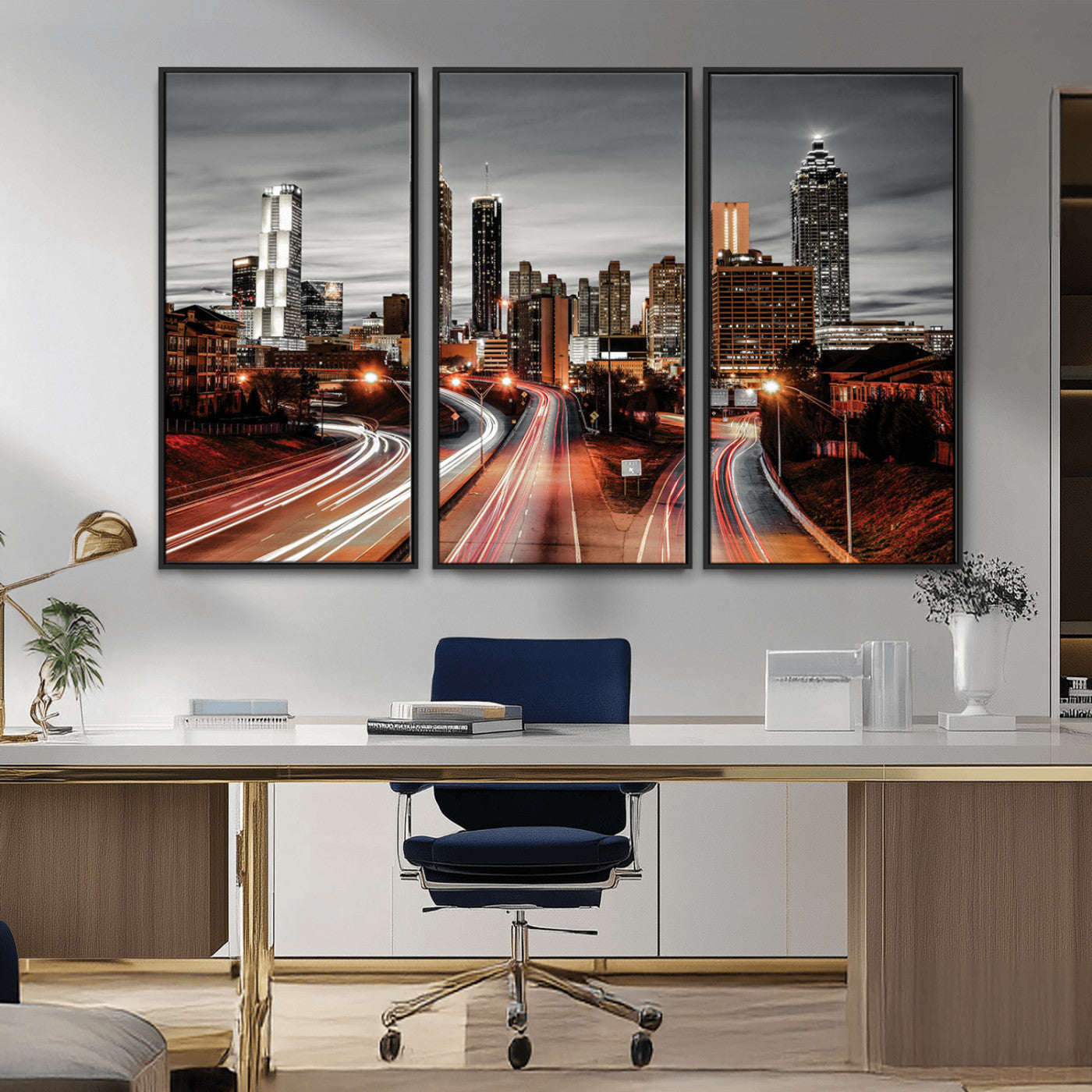 59097239-MGV-CV-36X24-City Skyline Wall Art – Modern Black and White Night Canvas Print with Red Light Trails, Urban Landscape Decor for Living Room or