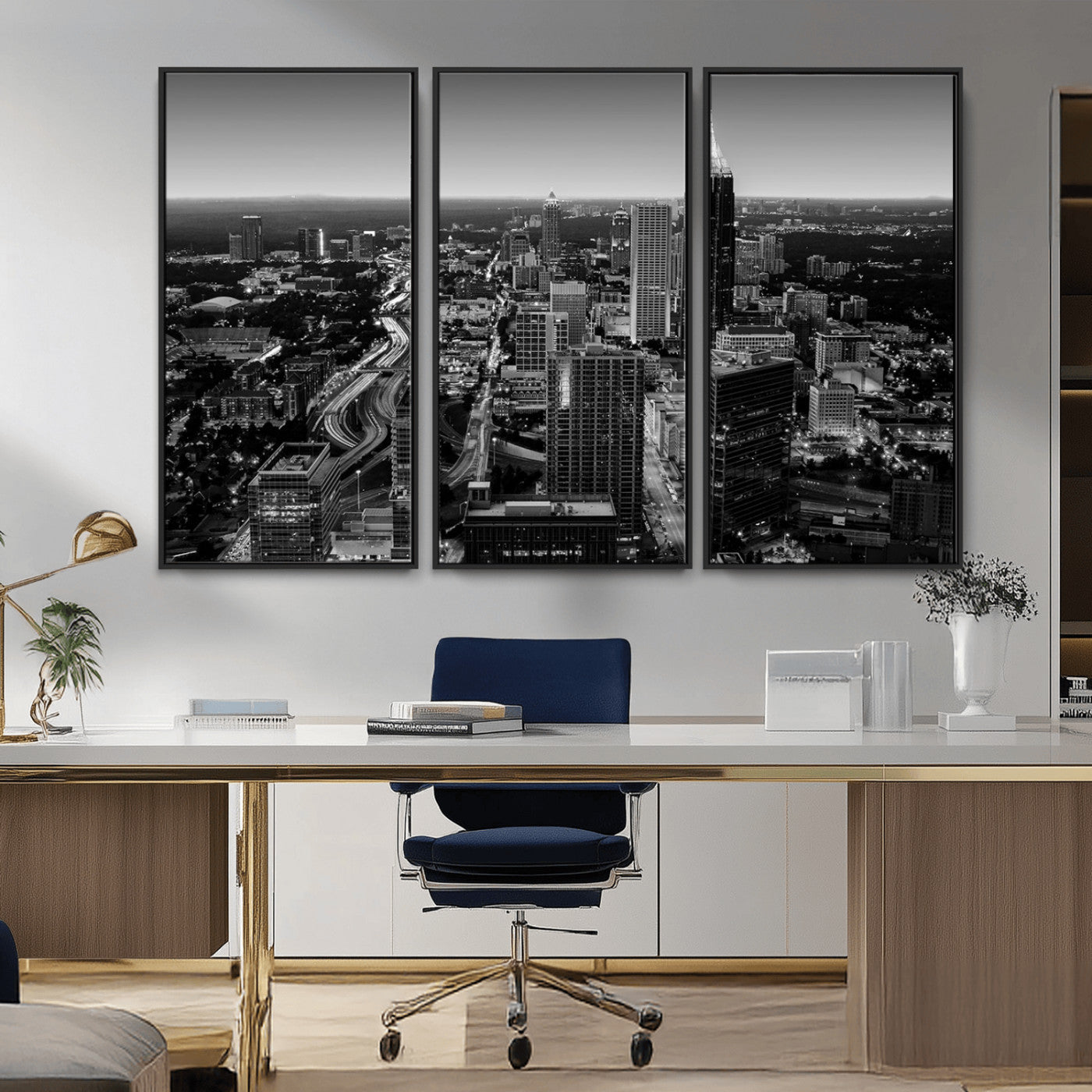 46578567-MGV-CV-36X24-Atlanta Skyline Wall Art – Black and White Cityscape Canvas Print, Modern Urban Night Decor for Office, Living Room, or Apartment