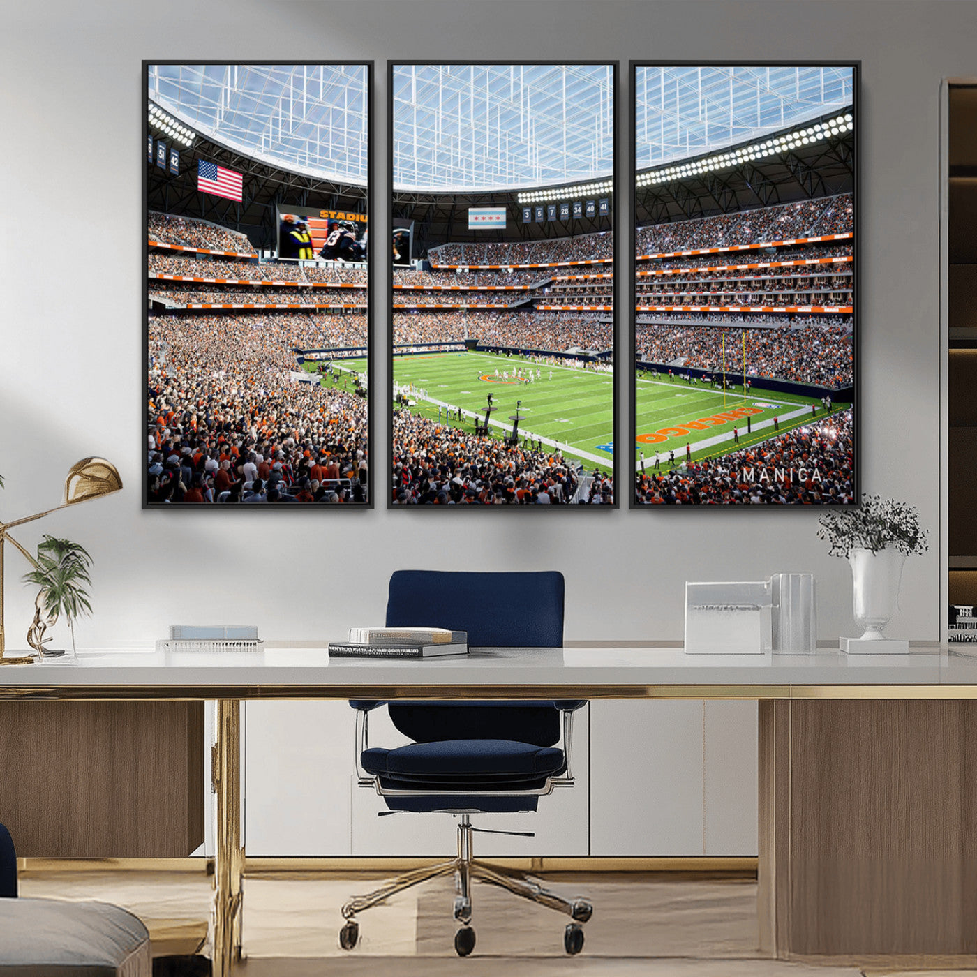 32530647-MGV-CV-36X24-Chicago Bears Stadium Wall Art – Futuristic Dome Arena Canvas Print, Modern Football Concept Design Decor for Man Cave, Bar, or