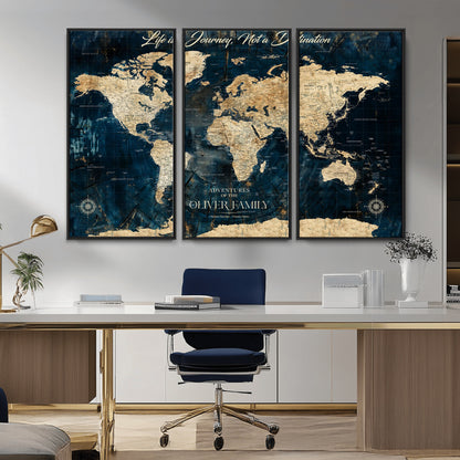 36970886-MGV-CV-36X24-Life is a Journey Not a Destination World Map Rustic Navy Beige Vintage Travel Wall Art Adventure Quote Canvas Print for Home