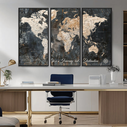 37848568-MGV-CV-36X24-Life is a Journey Not a Destination World Map Rustic Wood Texture Vintage Beige Navy Adventure Wall Art Canvas Print for Home