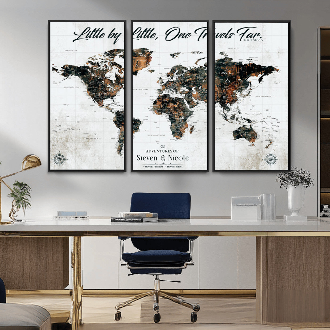 88337180-MGV-CV-36X24-Little by Little One Travels Far Tolkien Quote World Map Rustic Black Brown Adventure Wall Art Canvas Print for Home Office Living