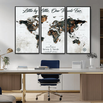 88337180-MGV-CV-36X24-Little by Little One Travels Far Tolkien Quote World Map Rustic Black Brown Adventure Wall Art Canvas Print for Home Office Living