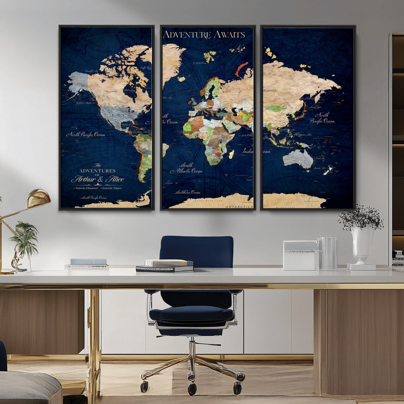 43160428-MGV-CV-36X24-Adventure Awaits Navy Blue World Map – Vibrant Travel Canvas Wall Art, Antique Atlas Print, Wanderlust Decor for Home Office