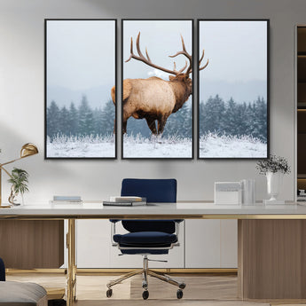 85177251-MGV-CV-36X24-Elk Wall Art – Majestic Wildlife Canvas Print of Bull Elk Snowy Forest, Rustic Nature Decor for Living Room, Cabin, or Office