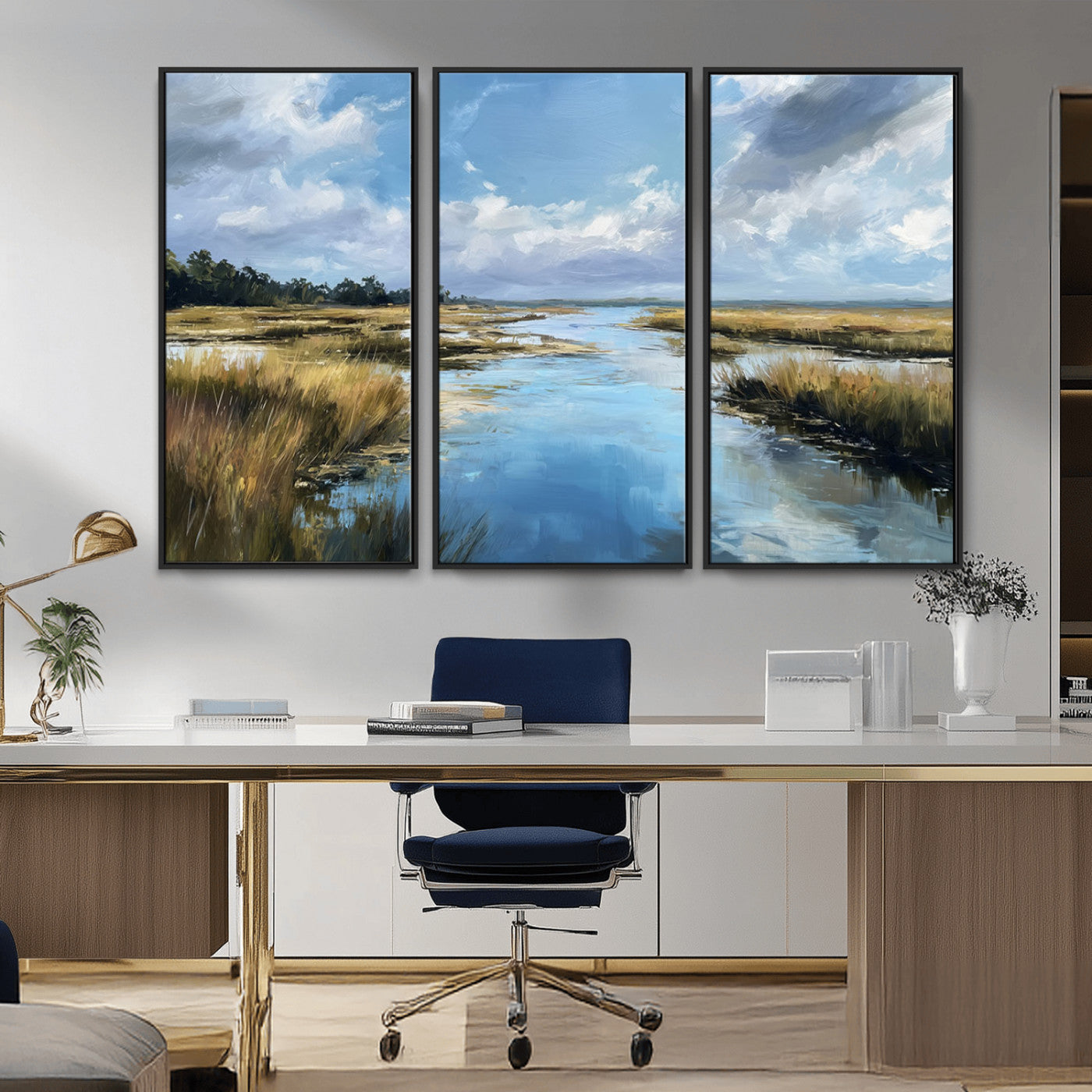 87082041-MGV-CV-36X24-Marshland Landscape Wall Art – Serene Nature Canvas Print with Blue Sky and Reflections, Tranquil Scenic Painting for Living Room,