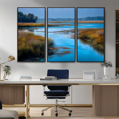 26300004-MGV-CV-36X24-Tranquil Marshland Canvas Wall Art – Blue Water, Reflective Sky, Golden Grasses, Calm Nature Landscape, Scenic Outdoor Beauty for